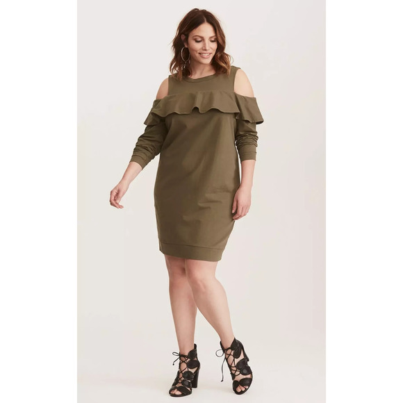 torrid Dresses & Skirts - NWT Torrid Olive Green Ruffled Knit Sweatshirt Dress Cold Shoulder Plus Size 3X